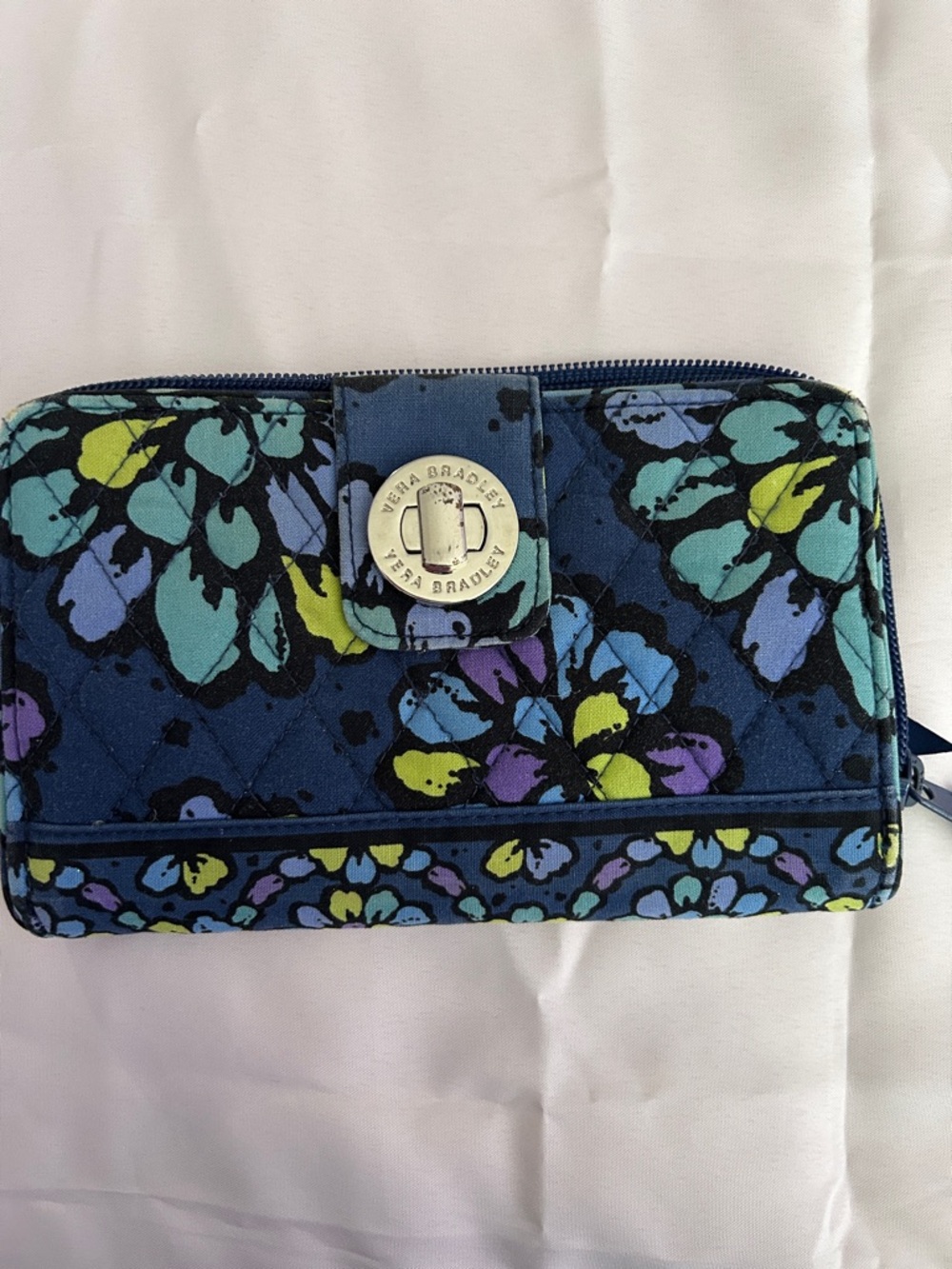 Vera Bradley Navy Floral Quilted Zip Wallet with Aqua & Lime Accents